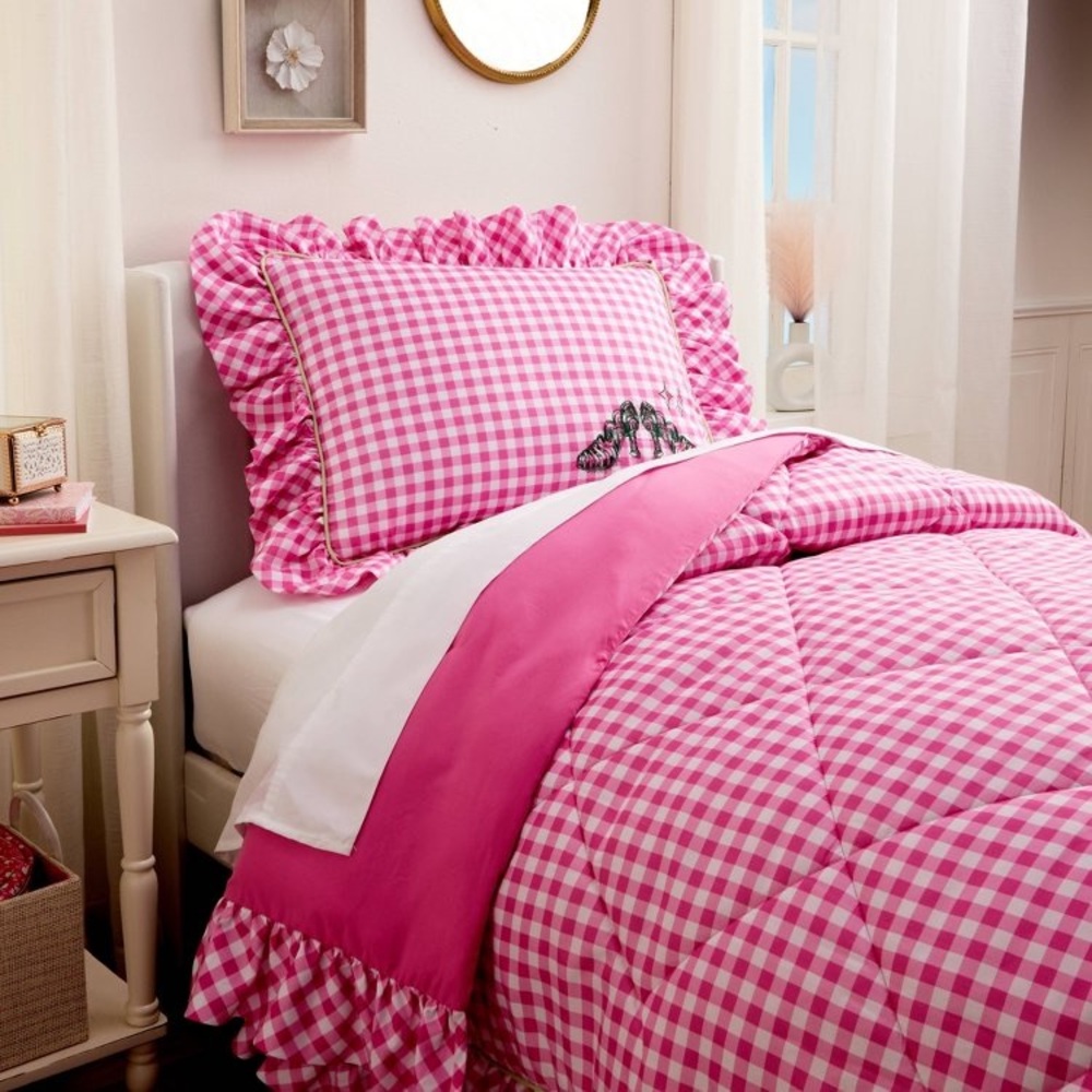 Wicked Katie Kime Twin Comforter Pink Gingham Ruffles High Heels Print NEW